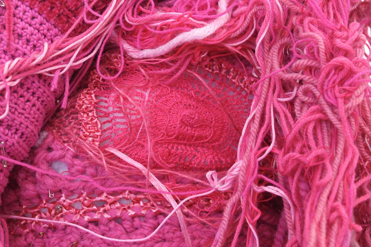 Sara Al Haddad, self portrait, 2011, yarn, pins and cotton, variable dimensions