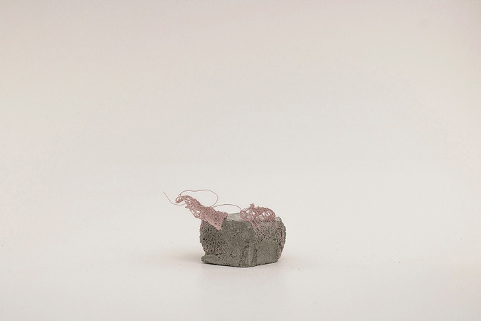 Sara Al Haddad, for self destruction #16, 2014,concrete_4x3.5x2.9cm, concrete and free form crocheted embroidery thread. Photo: Marwah Al Haddad