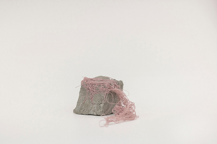 Sara Al Haddad, for self destruction #26, 2014, concrete_5.7x4.7x5.5cm, concrete and free form crocheted embroidery thread. Photo: Marwah Al Haddad